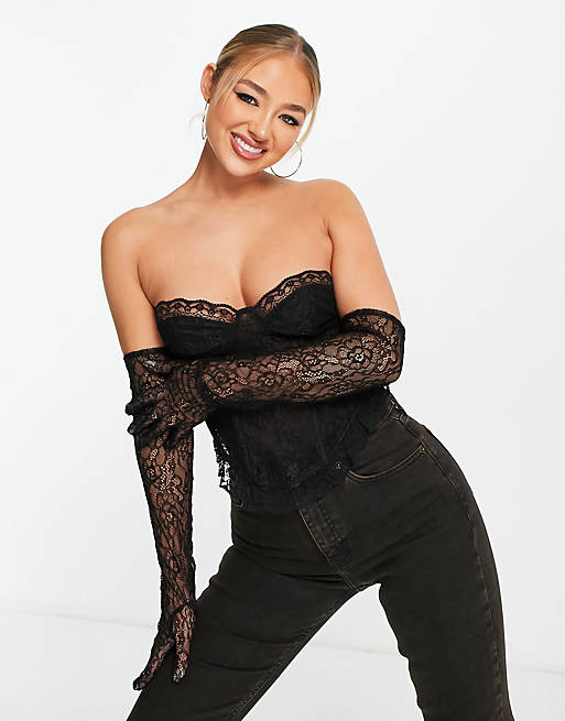 ASOS DESIGN strapless lace frill corset with gloves in black