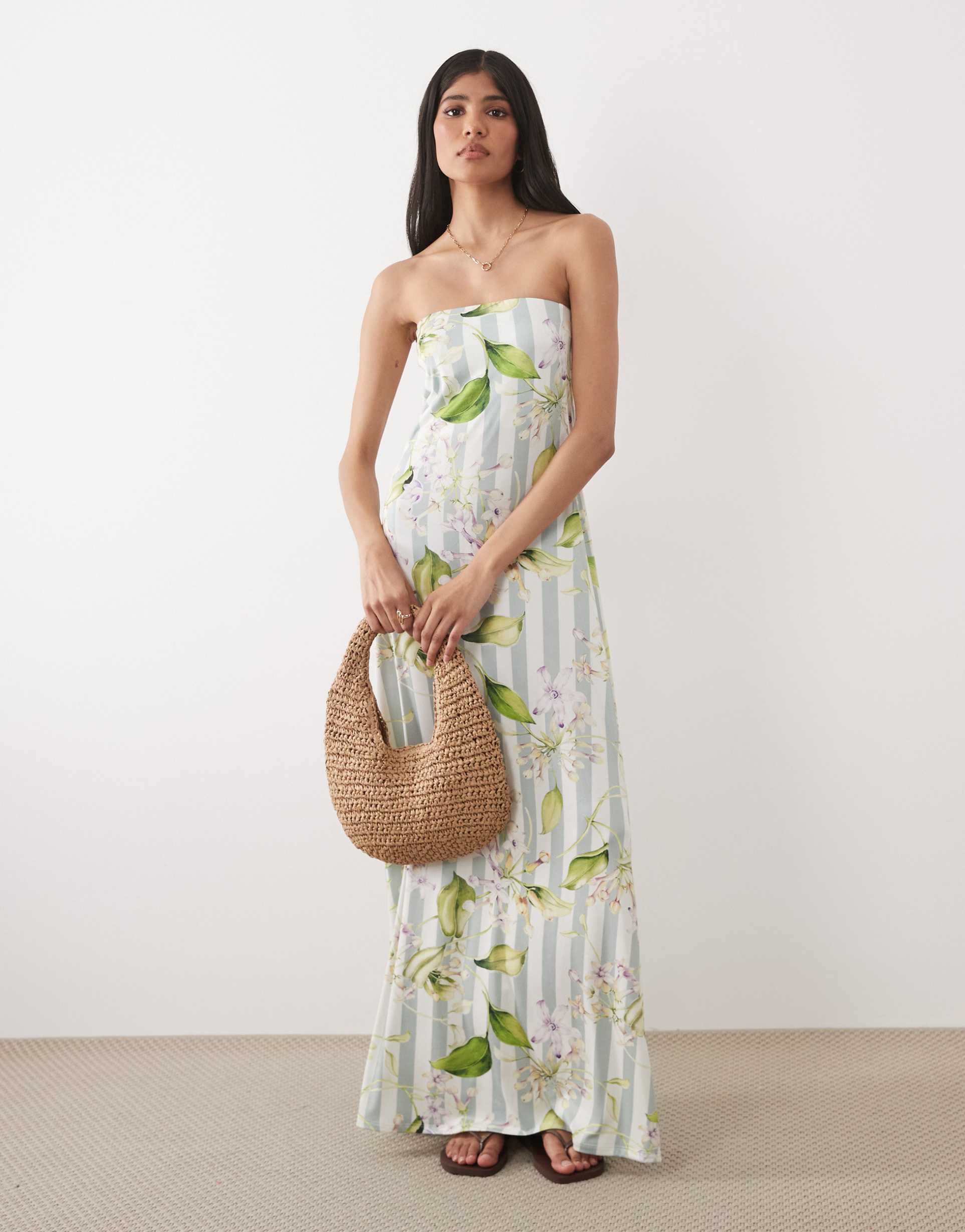 asos design strapless maxi dress in striped floral print