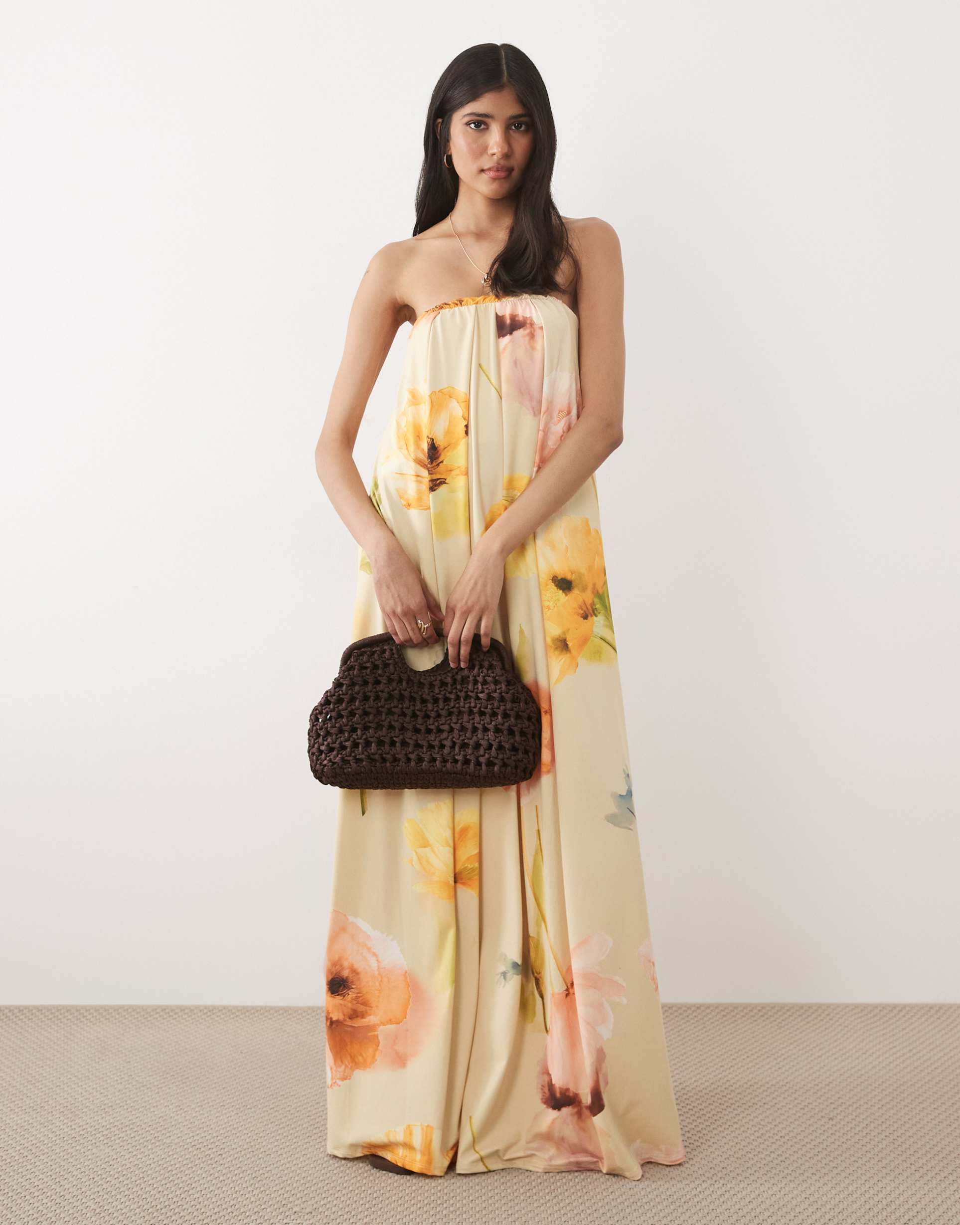 asos design strapless maxi dress in yellow floral print