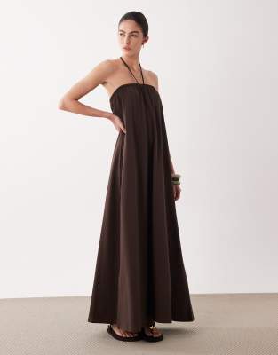 Asos Design Strapless Maxi Dress With Tie Detail In Brown