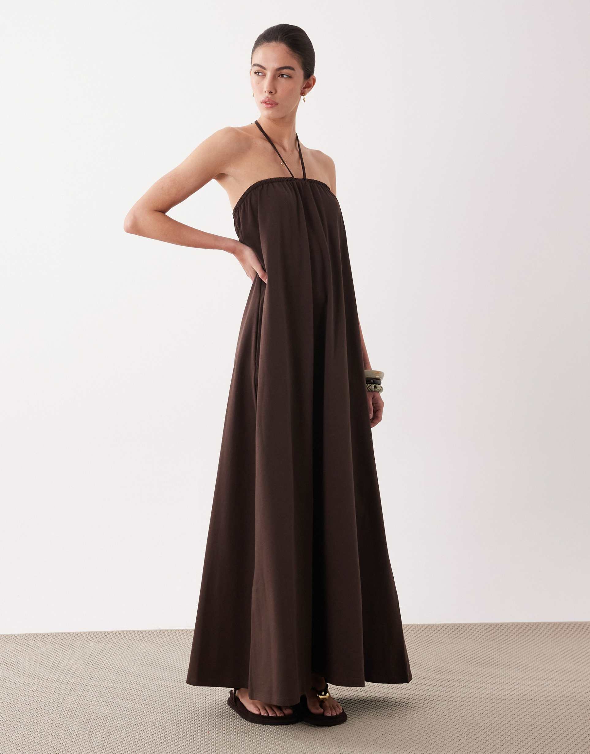 asos design strapless maxi dress with tie detail in chocolate