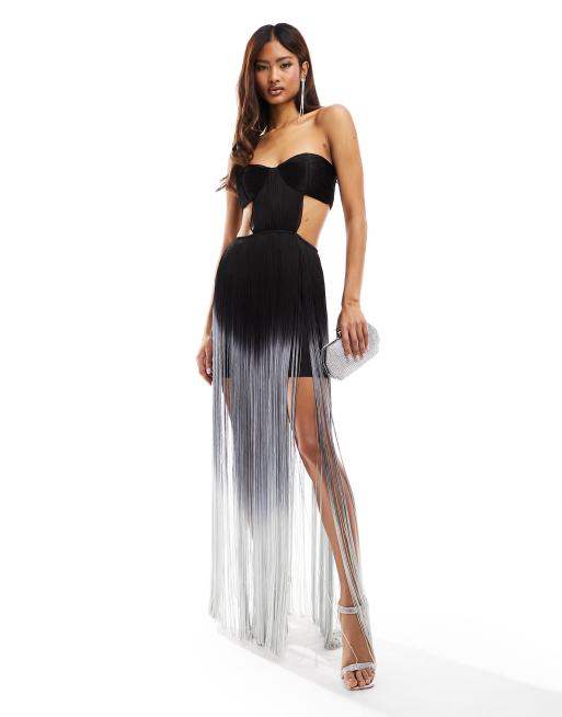 ASOS DESIGN - Strapless maxi jurk met franje en uitsnijdingen met kleurverloop