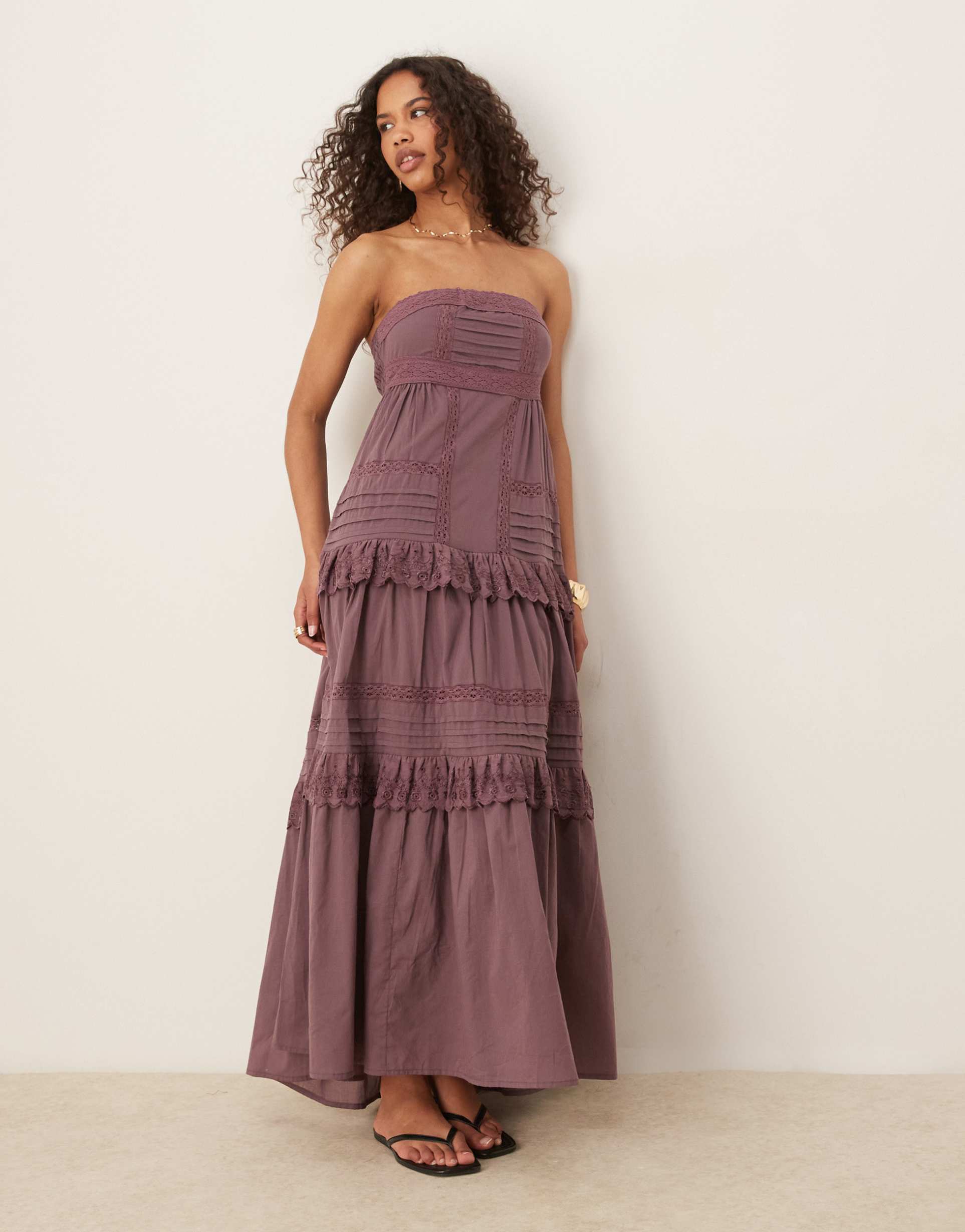 asos design strapless maxi sundress with pintucks and lace tiers in deep grape