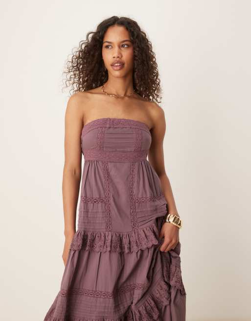 ASOS DESIGN strapless maxi sundress with pintucks and lace tiers in deep grape , 2 of 4