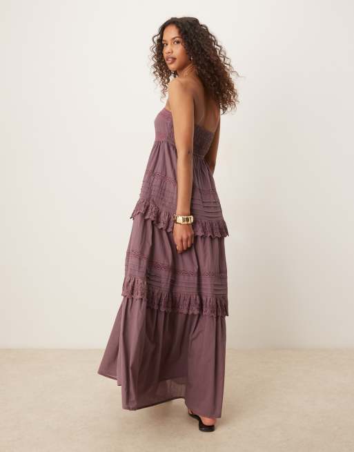 ASOS DESIGN strapless maxi sundress with pintucks and lace tiers in deep grape , 3 of 4