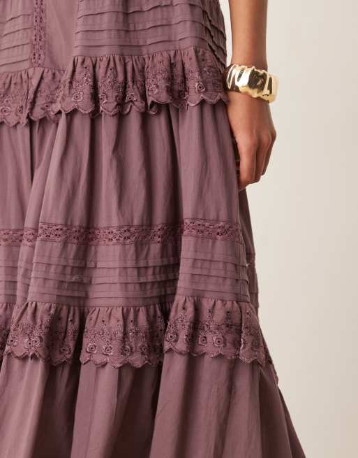 ASOS DESIGN strapless maxi sundress with pintucks and lace tiers in deep grape , 4 of 4