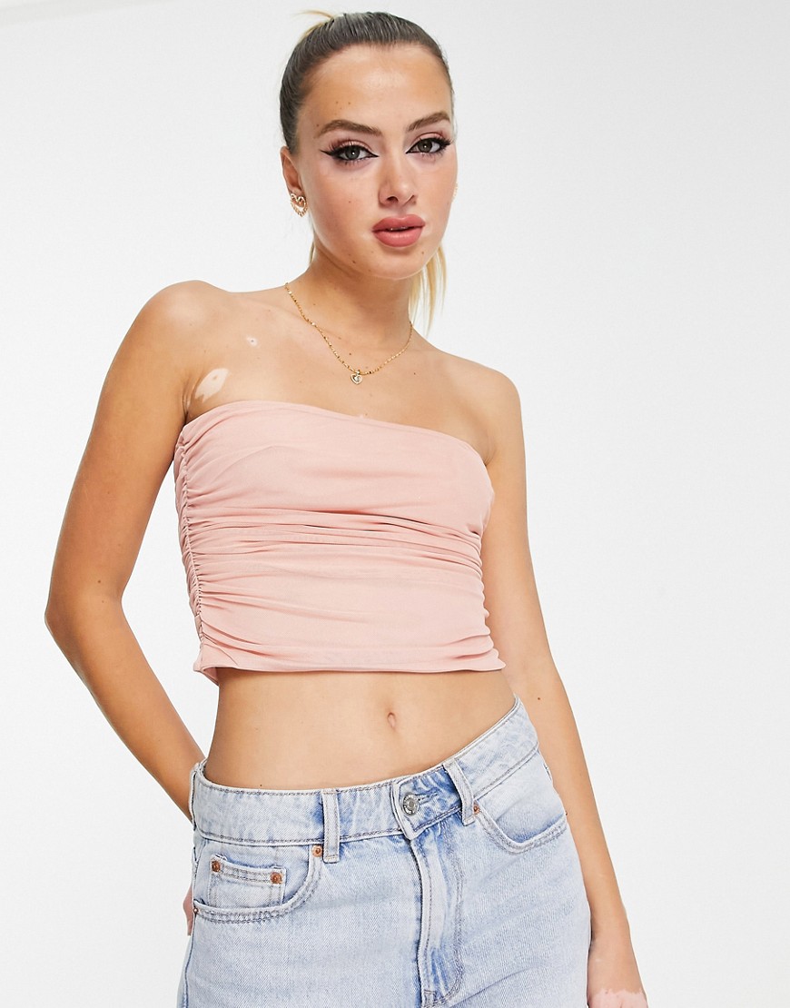 ASOS DESIGN strapless mesh corset top with ruched side in blush pink