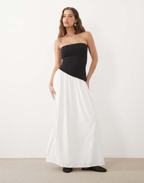 ASOS DESIGN strapless midaxi dress with dropped asymmetric waist in black and cream - view 1