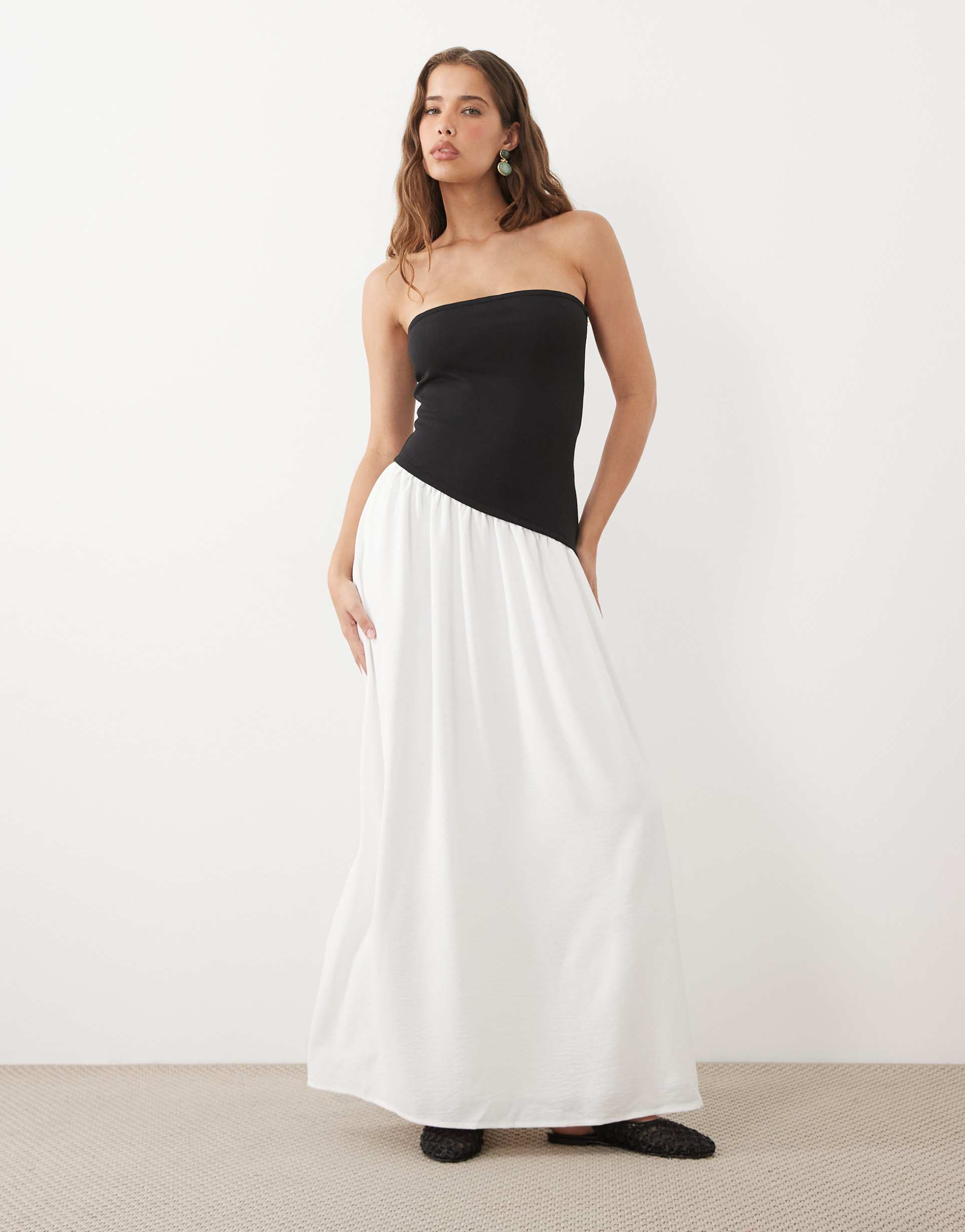 asos design strapless midaxi dress with dropped asymmetric waist in black and cream