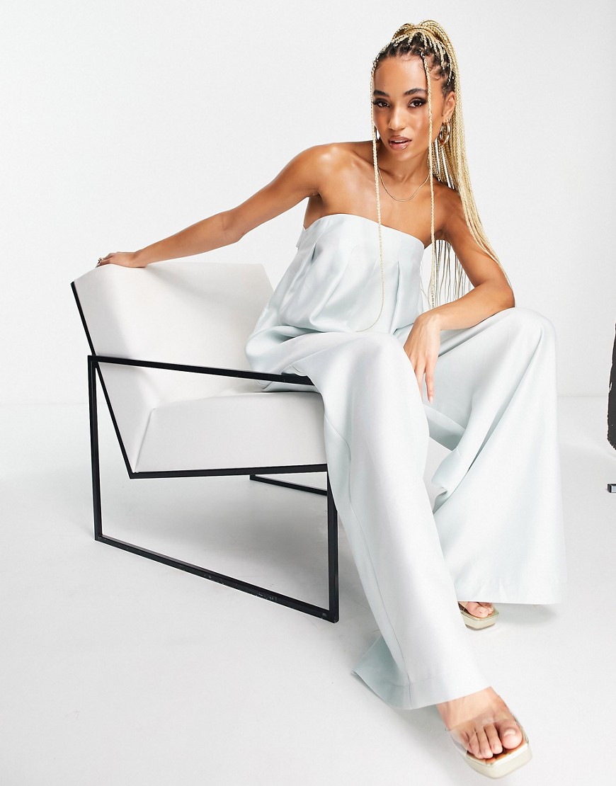 ASOS DESIGN strapless pleat jumpsuit with tie back in mint-Green