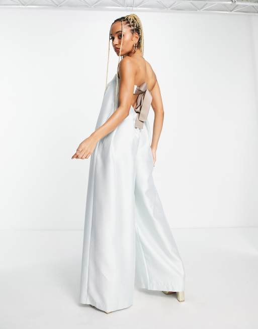 ASOS DESIGN strapless pleat jumpsuit with tie back in mint