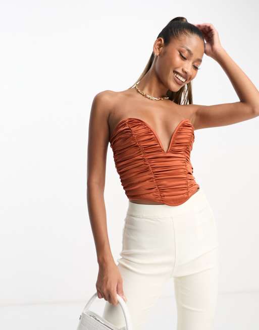 ASOS DESIGN strapless ruched corset top with plunge v in rust