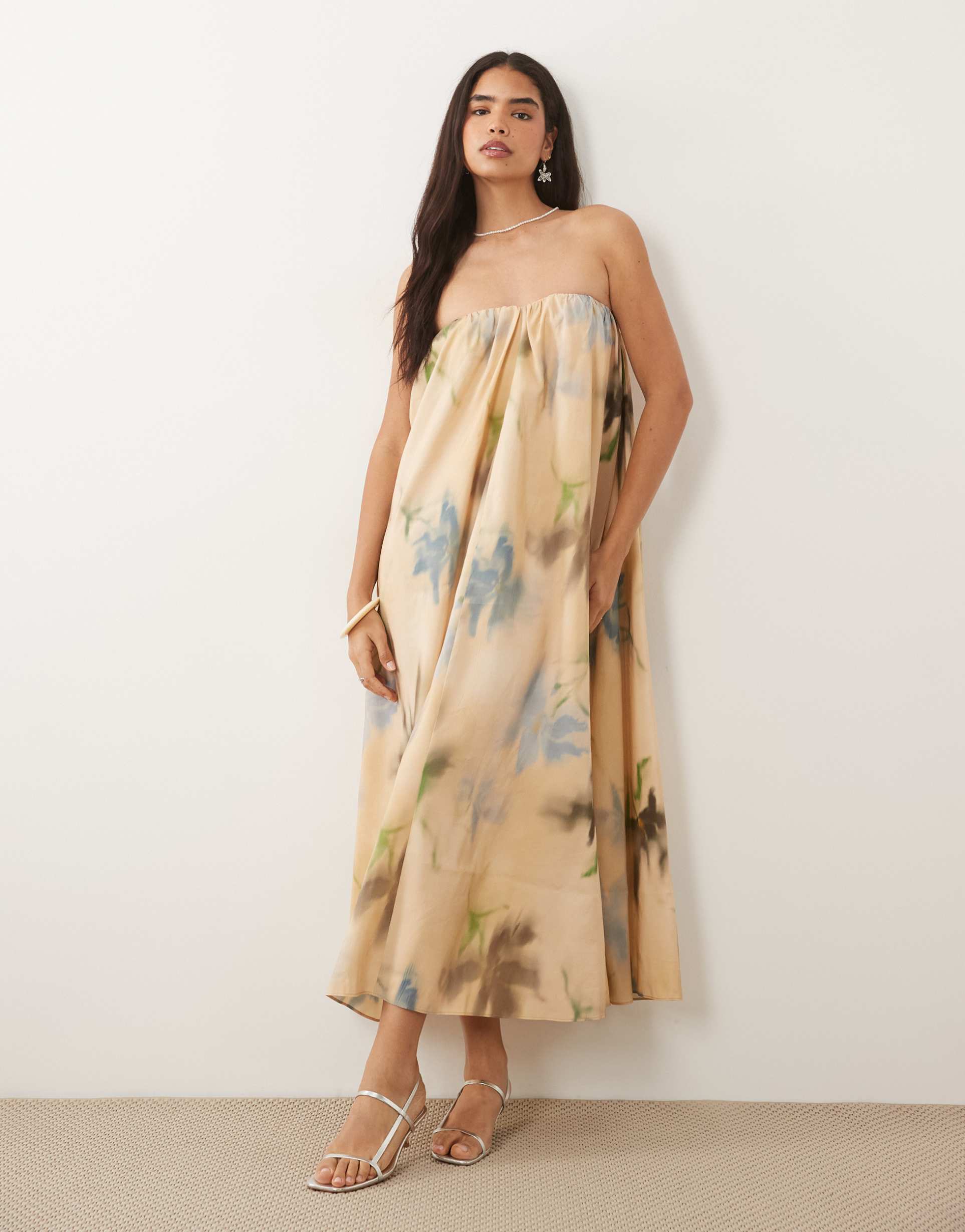 asos design strapless ruched maxi dress in cream floral