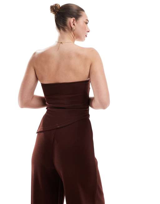 ASOS DESIGN strapless ruched side bandeau top in chocolate - part of a set, 4 of 4