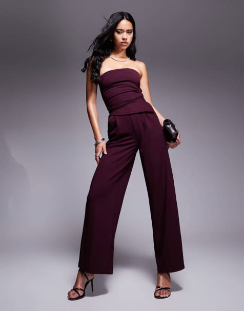 ASOS DESIGN strapless ruched side top and wide leg pants set in burgundy - view 1