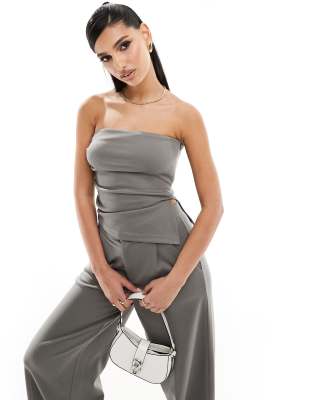 Asos Design Strapless Ruched Side Top In Charcoal - Part Of A Set-gray