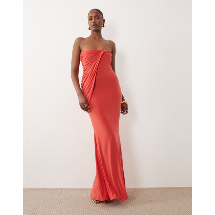 shape red slinky wrap detail maxi dress ASOS DESIGN strapless slinky maxi dress with draped twist neckline in red