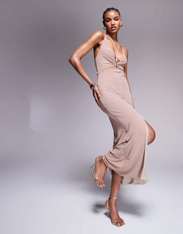 ASOS DESIGN - strapping detail plunge maxi dress with gold trim detail in mocha