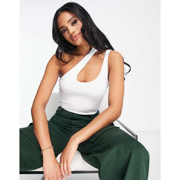 ASOS DESIGN asymmetric crop top with long sleeve and keyhole in white