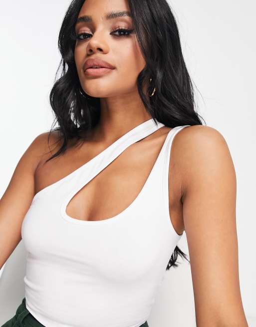 ASOS DESIGN asymmetric crop top with long sleeve and keyhole in white