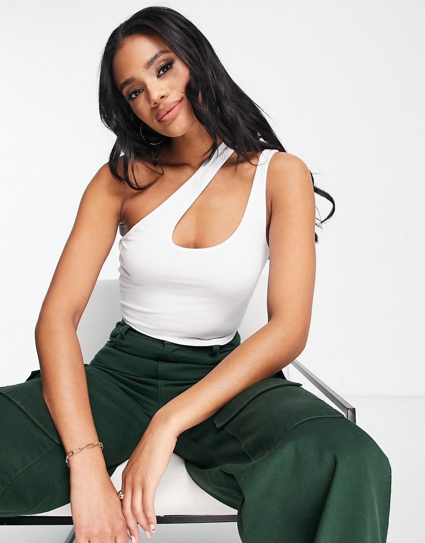 ASOS DESIGN strappy asymmetric cut out crop top in white