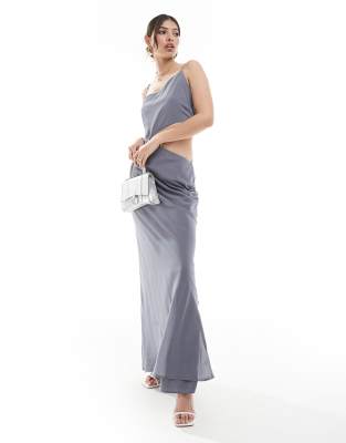 Asos Design Strappy Asymmetric Maxi Dress With Cut Out Detail In Gray