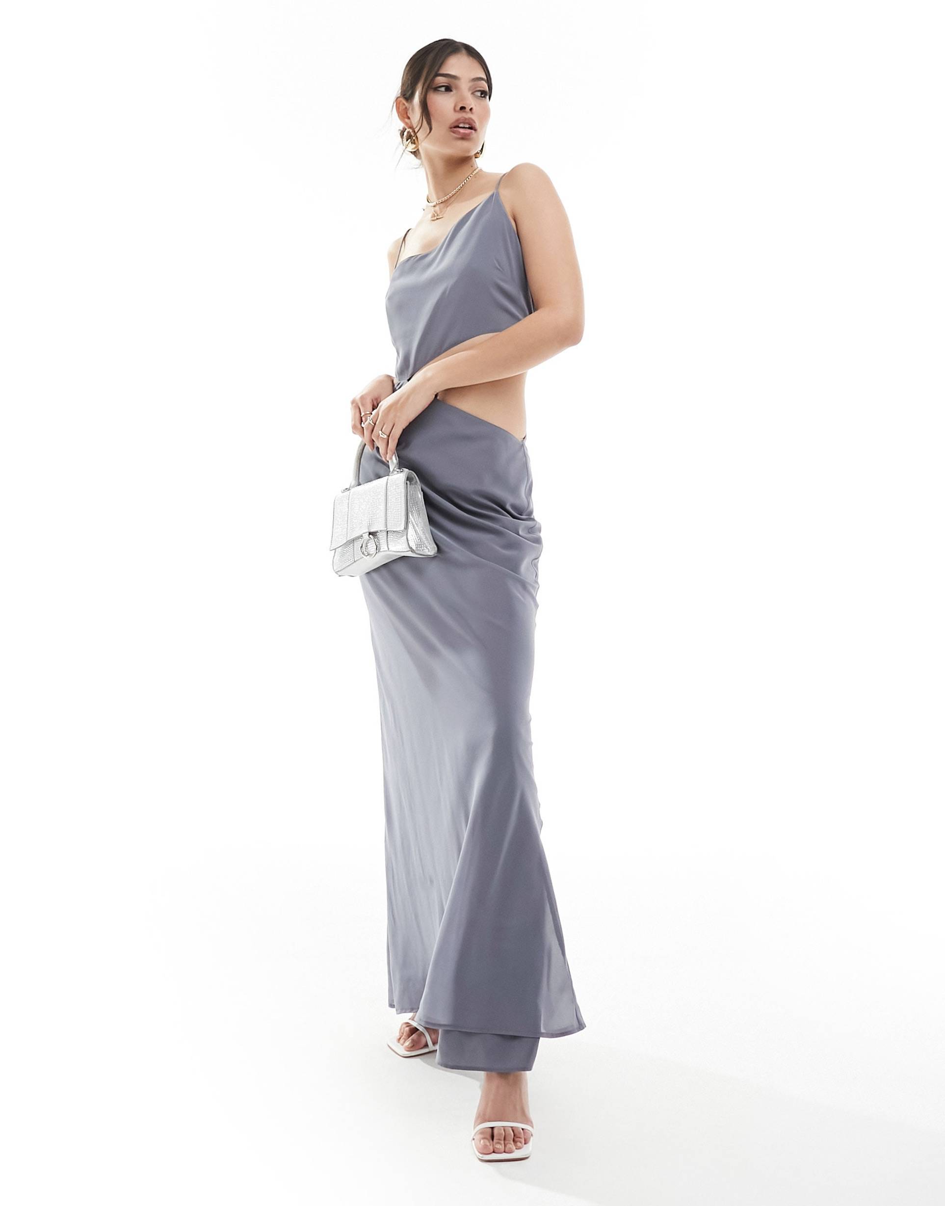 asos design strappy asymmetric maxi dress with cut out detail in gray