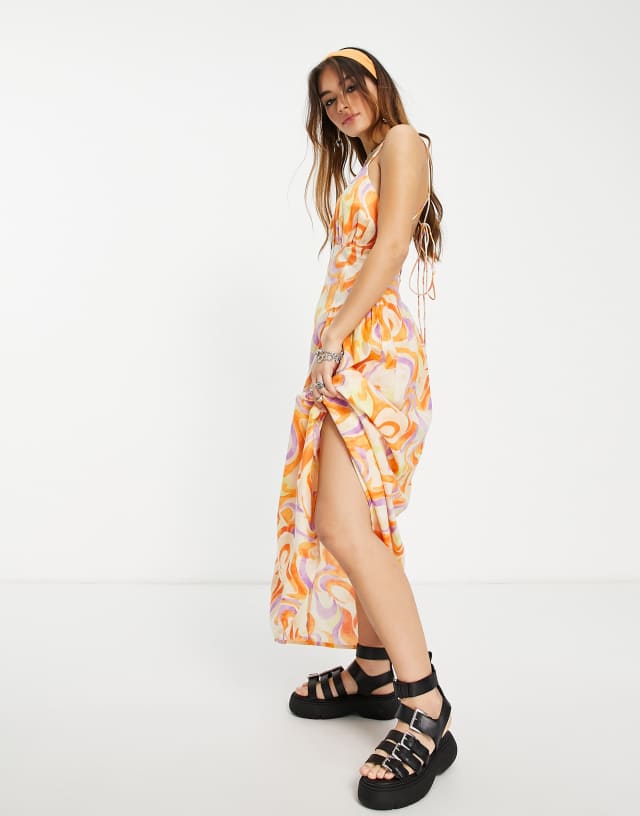 ASOS DESIGN strappy back gathered waist maxi sundress in swirl print