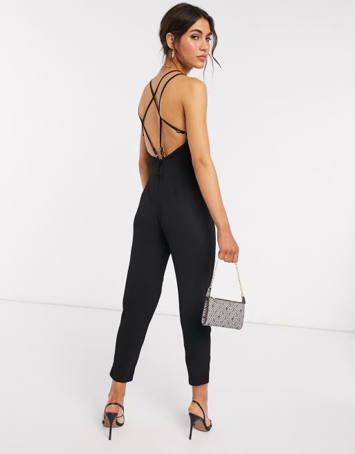 ASOS DESIGN crochet bodice strappy back jumpsuit in crinkle in cream