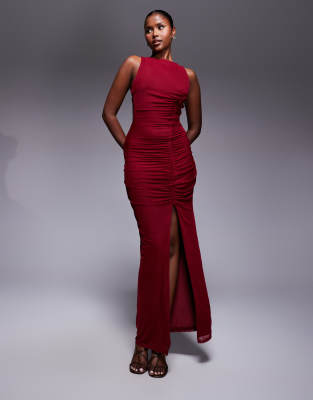 ASOS DESIGN strappy back ruched mesh maxi dress in dark cherry - view 1
