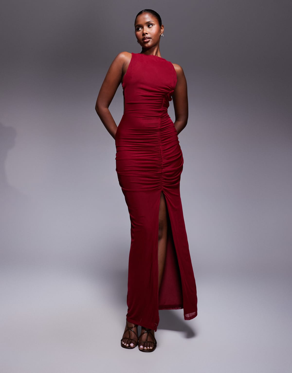ASOS DESIGN strappy back ruched mesh maxi dress in dark cherry
