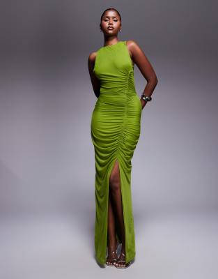 ASOS DESIGN strappy back ruched mesh maxi dress in lime - view 1
