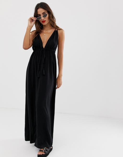 Asos design tie back cross front shop split maxi beach dress in black