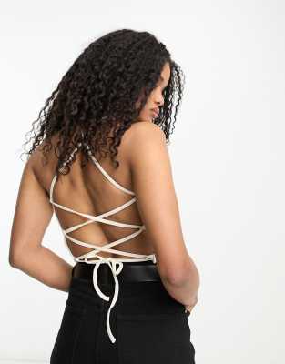 ASOS DESIGN ASOS DESIGN strappy back square neck rib tee in cream-Neutral