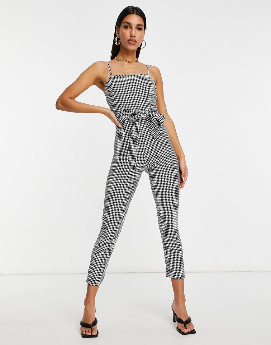 ASOS DESIGN strappy belted jumpsuit in houndstooth crepe-Multi