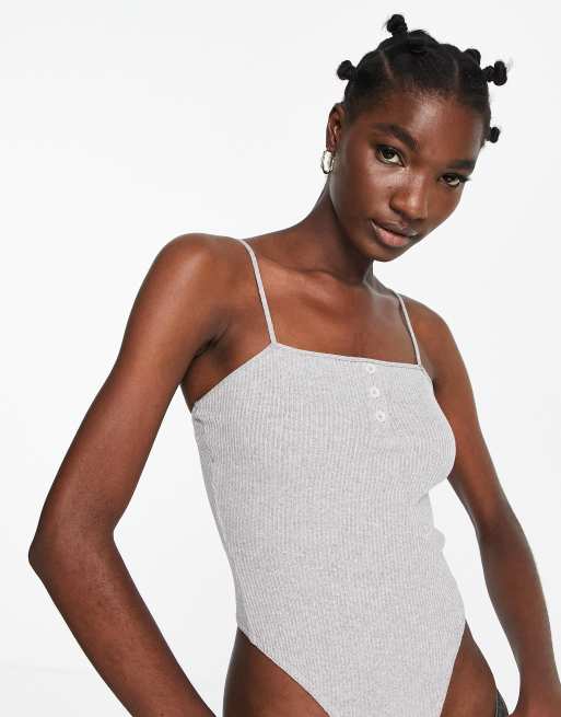 ASOS DESIGN strappy bodysuit in rib button detail in gray heather