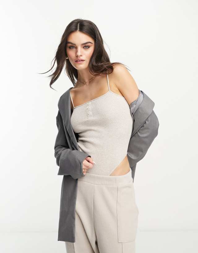 ASOS DESIGN strappy bodysuit in rib button detail in neutral heather