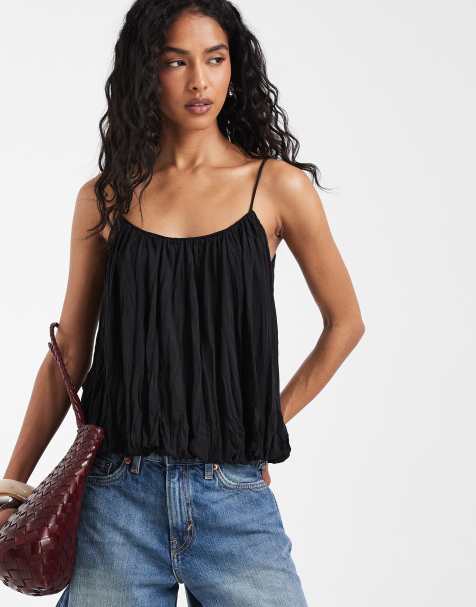 ASOS DESIGN strappy bubble hem top in black - view 1