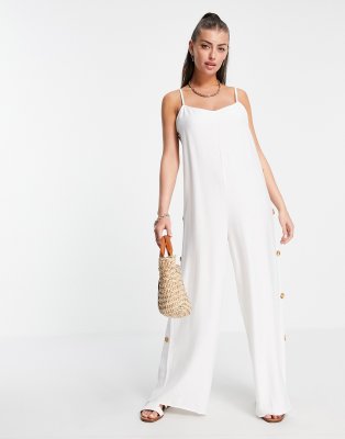 ASOS DESIGN strappy button side linen jumpsuit in white - ASOS Price Checker