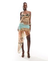 ASOS DESIGN deep cowl neck mesh maxi dress with exposed bra detail in brown  tonal stripe