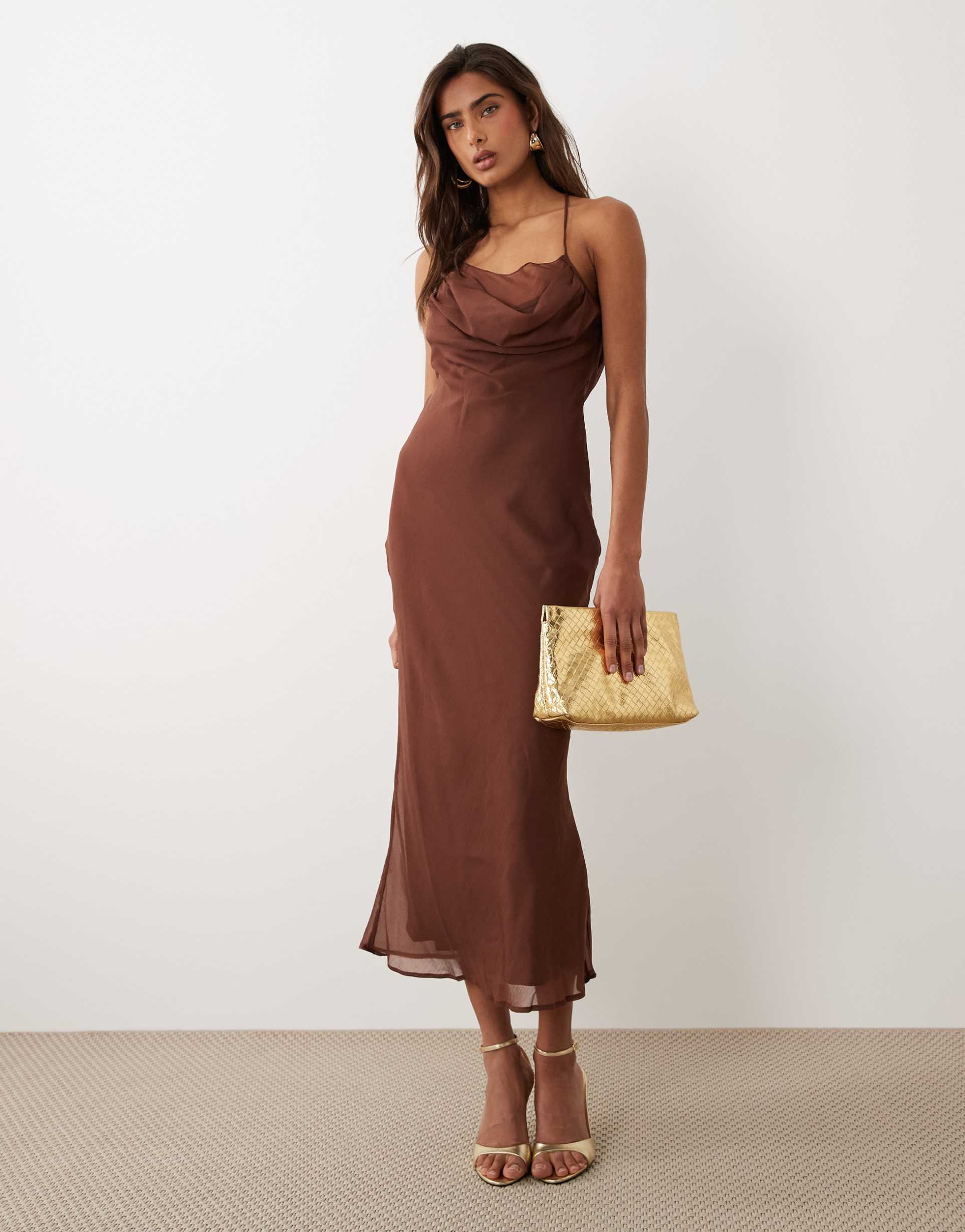 asos design strappy cami cowl neck paneled bias midi dress in chocolate