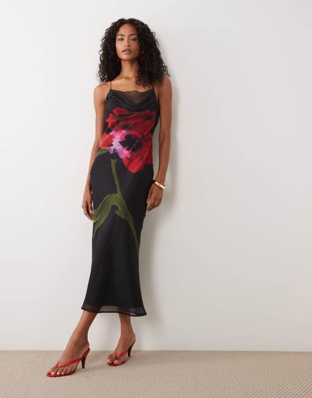 midi dress black floral Black and White Floral Print Smocked Midi Dress Large | Women's Online Boutique | Boho Chic Style