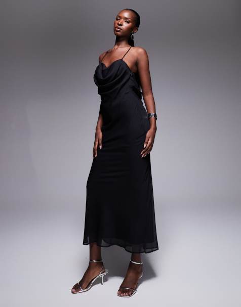 ASOS DESIGN strappy cami cowl neck panelled bias midi dress in black - view 1