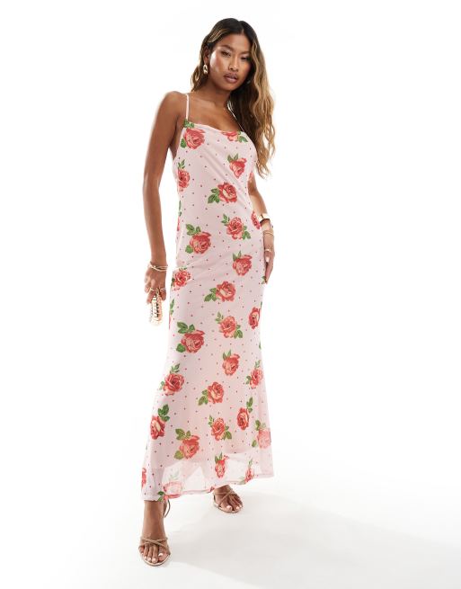 ASOS DESIGN strappy cami maxi dress in pink polka dot rose print ASOS