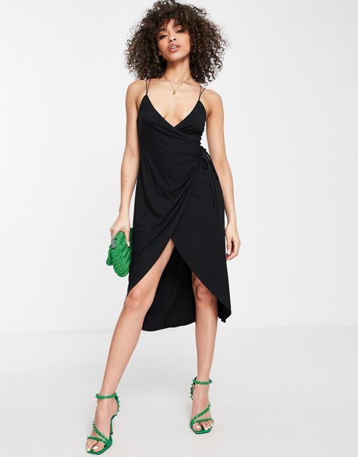 ASOS DESIGN strappy cami midi dress with wrap front in black | ASOS