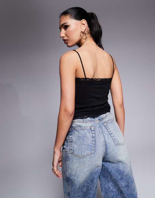 ASOS DESIGN strappy cami top with lace trim detail in black, 2 of 4