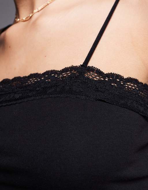 ASOS DESIGN strappy cami top with lace trim detail in black, 4 of 4
