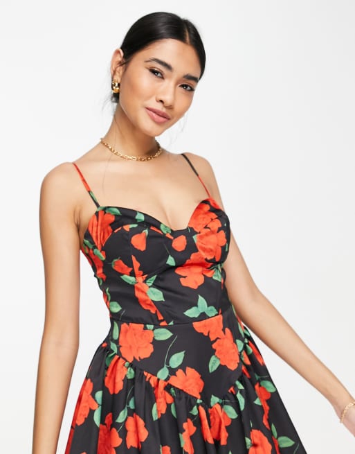ASOS DESIGN strappy corset skater playsuit in satin rose print | ASOS
