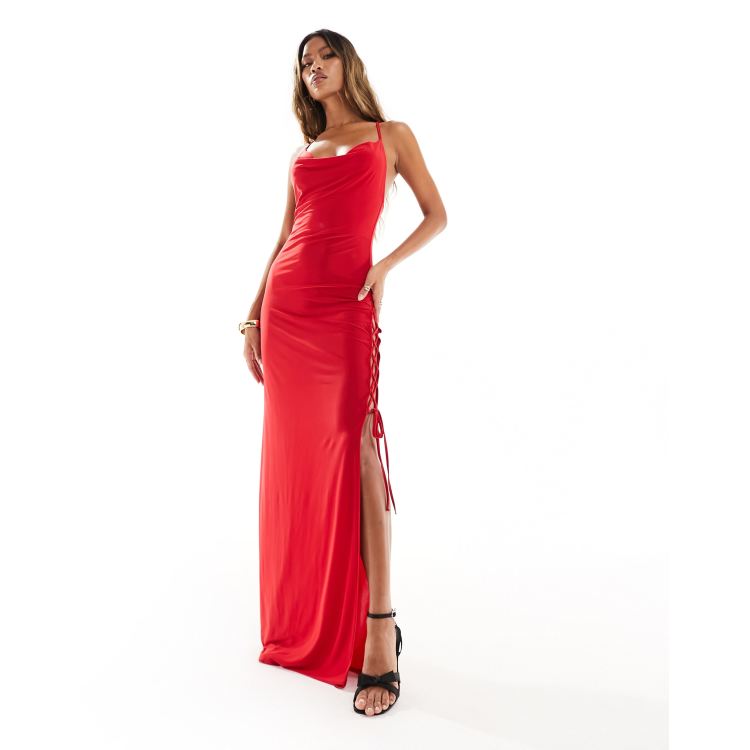 ASOS DESIGN strappy cowl neck lace up detail maxi dress in red | ASOS