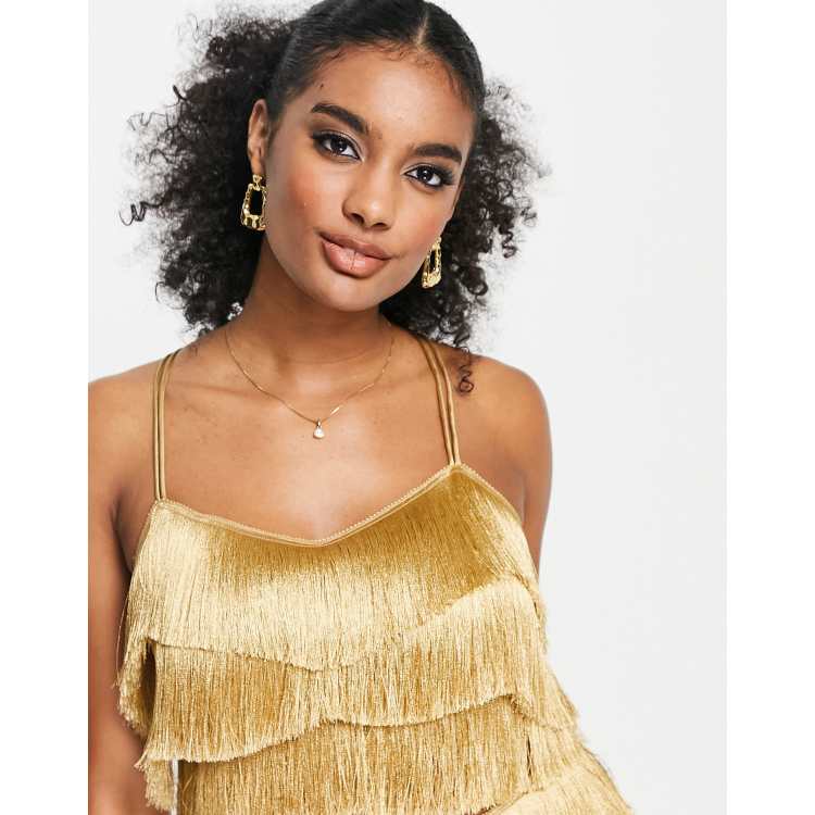 ASOS DESIGN strappy crop top fringe layered detail in gold - part of a set  | ASOS